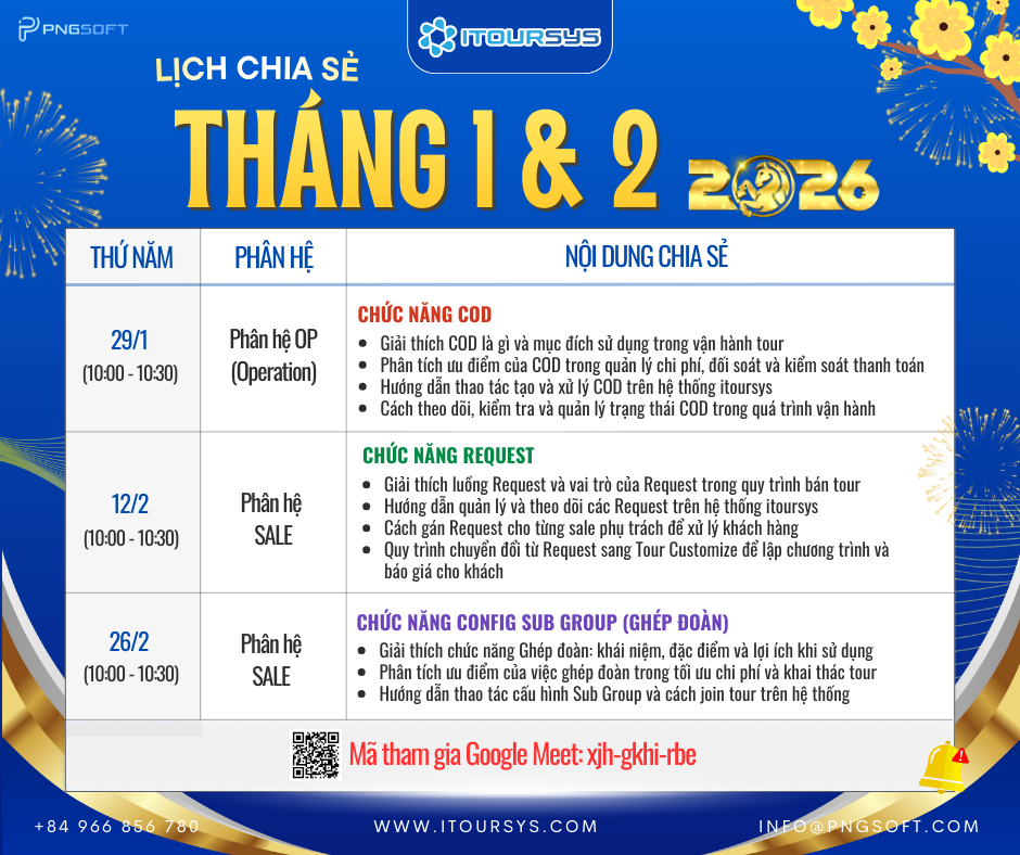 PNGSOFT TRAINING T1&T2/2026 - LỊCH ĐÀO TẠO HƯỚNG DẪN SỬ DỤNG PHẦN MỀM QUẢN LÝ DU LỊCH ITOURSYS